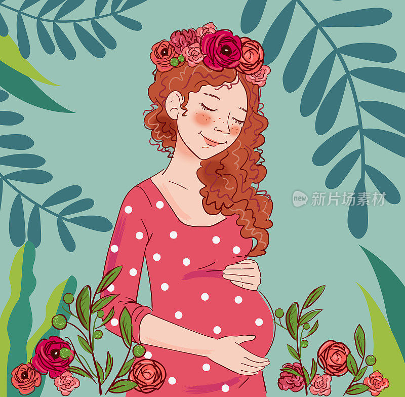 Pregnant woman dreaming about child. Motherhood and pregnancy vector illustration